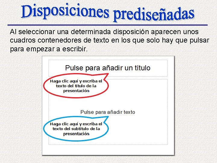 Al seleccionar una determinada disposición aparecen unos cuadros contenedores de texto en los que