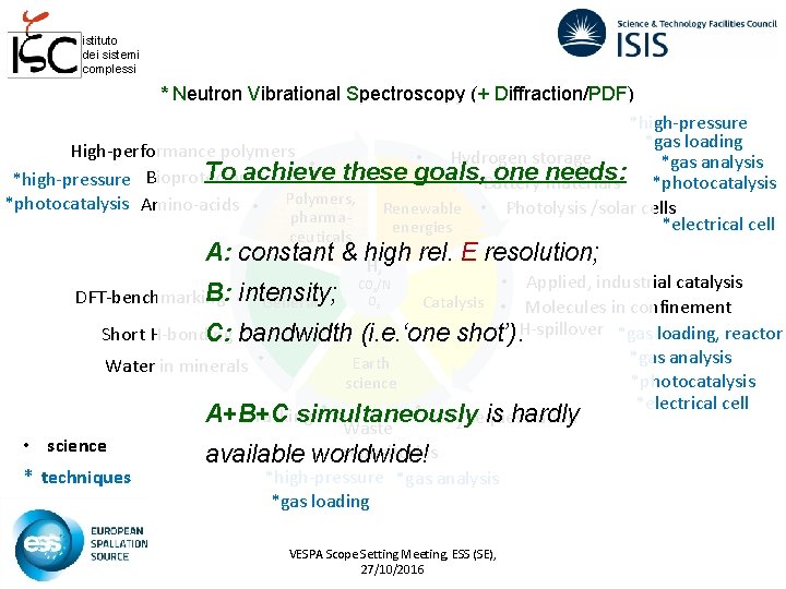 istituto dei sistemi complessi * Neutron Vibrational Spectroscopy (+ Diffraction/PDF) *high-pressure *gas loading High-performance