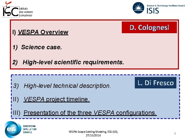 istituto dei sistemi complessi D. Colognesi I) VESPA Overview 1) Science case. 2) High-level