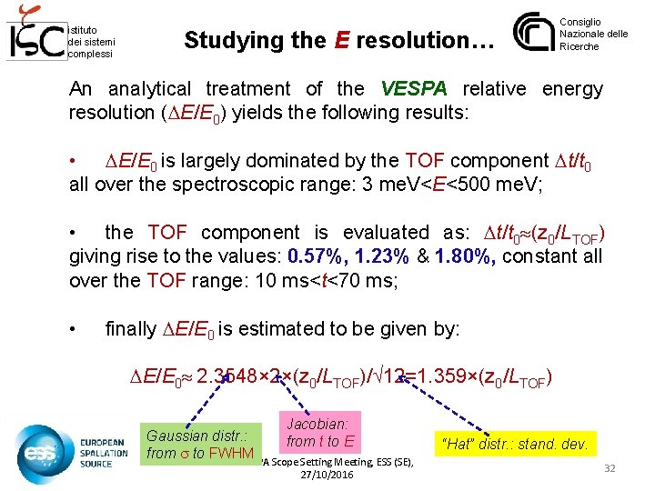 istituto dei sistemi complessi Studying the E resolution… Consiglio Nazionale delle Ricerche An analytical