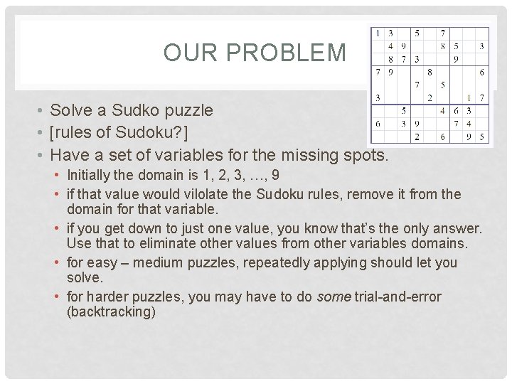 OUR PROBLEM • Solve a Sudko puzzle • [rules of Sudoku? ] • Have