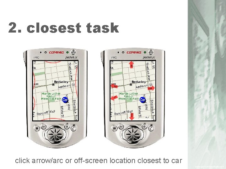 2. closest task click arrow/arc or off-screen location closest to car 