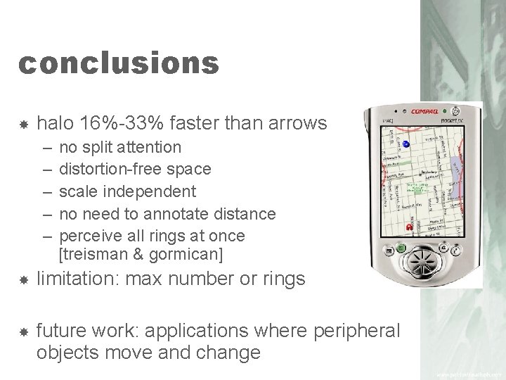 conclusions halo 16%-33% faster than arrows – – – no split attention distortion-free space