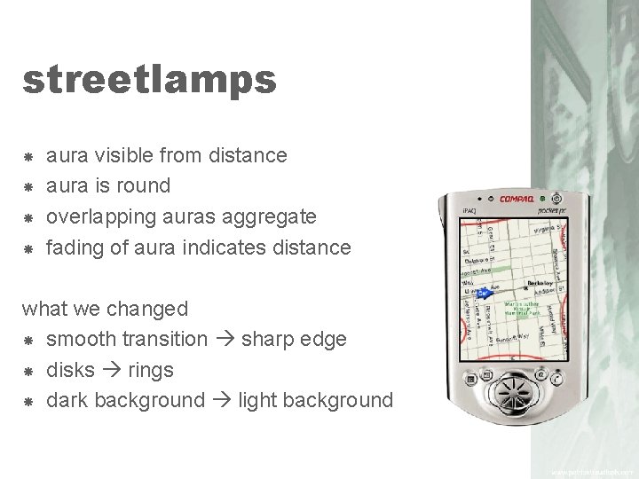 streetlamps aura visible from distance aura is round overlapping auras aggregate fading of aura