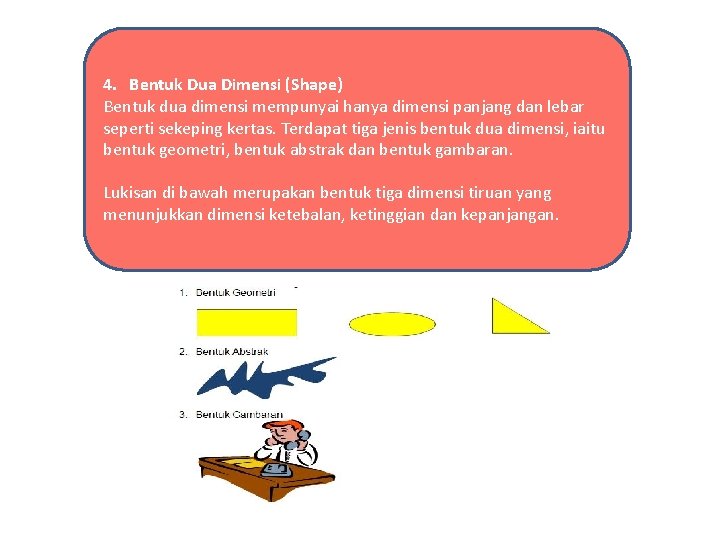 4. Bentuk Dua Dimensi (Shape) Bentuk dua dimensi mempunyai hanya dimensi panjang dan lebar