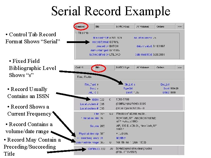 Serial Record Example • Control Tab Record Format Shows “Serial” • Fixed Field Bibliographic