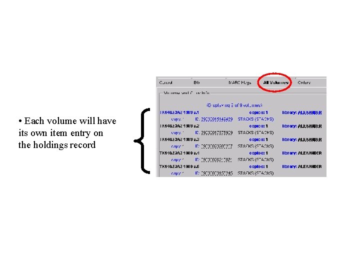  • Each volume will have its own item entry on the holdings record