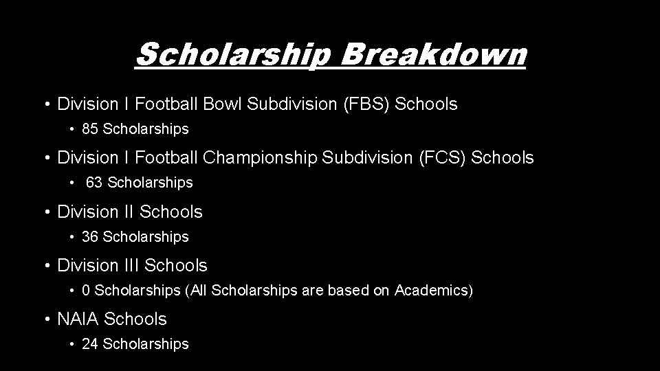 Scholarship Breakdown • Division I Football Bowl Subdivision (FBS) Schools • 85 Scholarships •