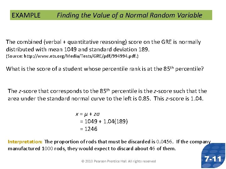 EXAMPLE Finding the Value of a Normal Random Variable The combined (verbal + quantitative