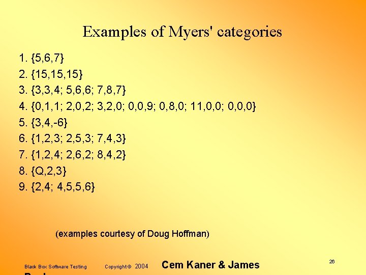 Examples of Myers' categories 1. {5, 6, 7} 2. {15, 15} 3. {3, 3,