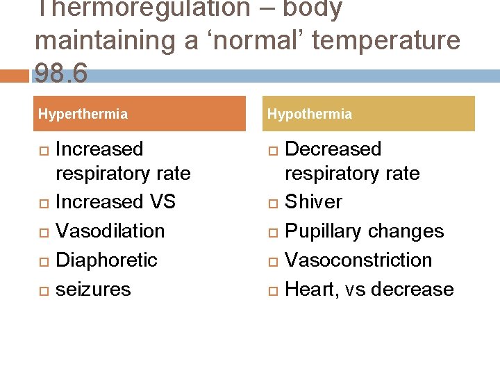 Thermoregulation – body maintaining a ‘normal’ temperature 98. 6 Hyperthermia Increased respiratory rate Increased