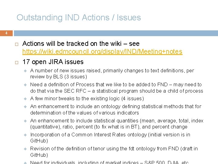 Outstanding IND Actions / Issues 4 Actions will be tracked on the wiki –