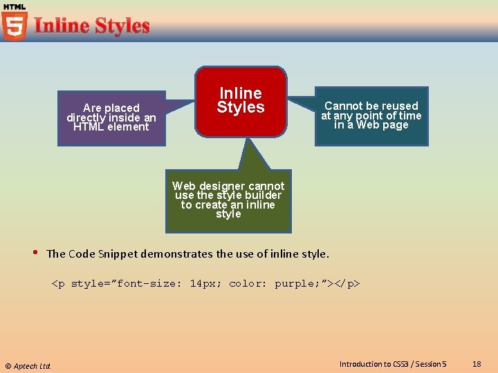 Are placed directly inside an HTML element Inline Styles Cannot be reused at any