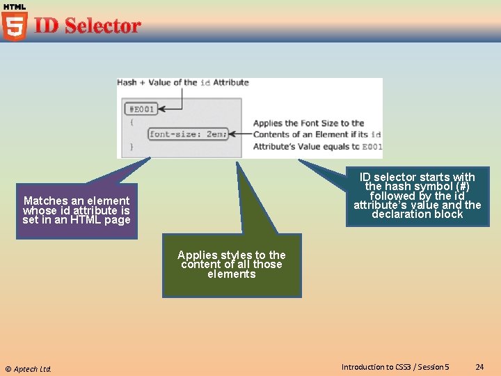 ID selector starts with the hash symbol (#) followed by the id attribute’s value