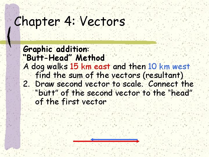 Chapter 4: Vectors Graphic addition: “Butt-Head” Method A dog walks 15 km east and
