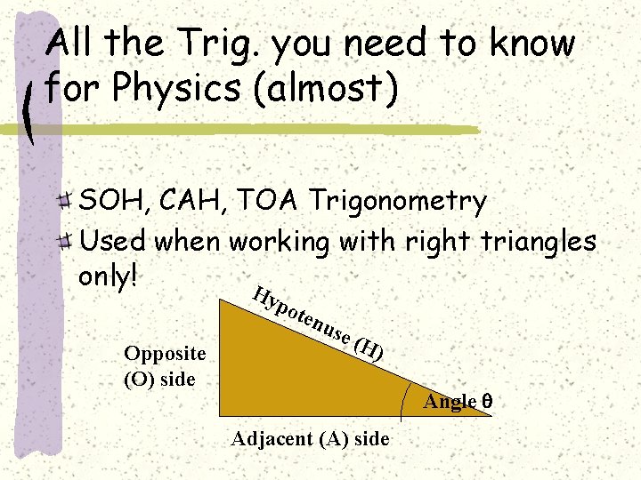 All the Trig. you need to know for Physics (almost) SOH, CAH, TOA Trigonometry