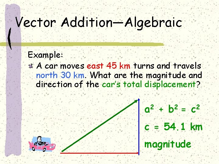 Vector Addition—Algebraic Example: A car moves east 45 km turns and travels north 30