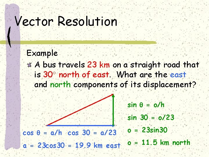 Vector Resolution Example A bus travels 23 km on a straight road that is