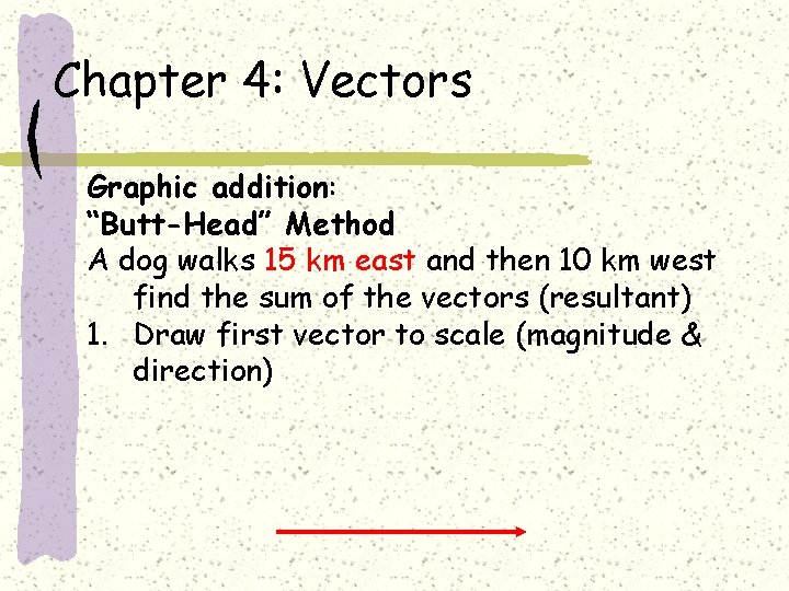Chapter 4: Vectors Graphic addition: “Butt-Head” Method A dog walks 15 km east and
