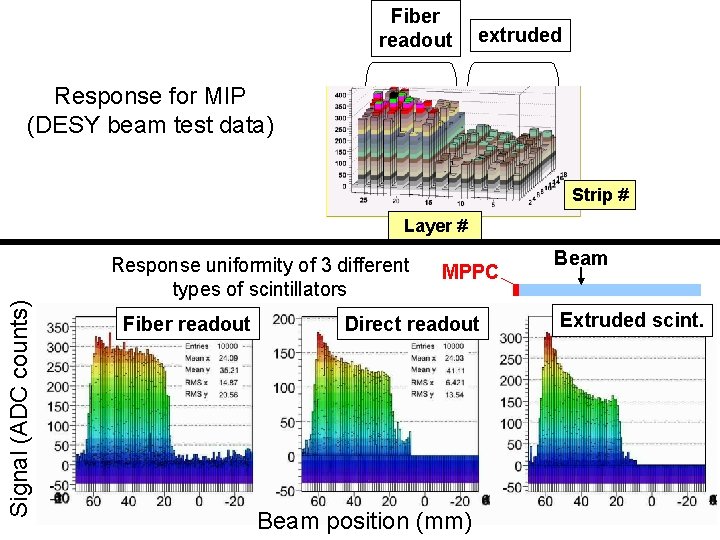 Fiber readout extruded Response for MIP (DESY beam test data) Strip # Layer #