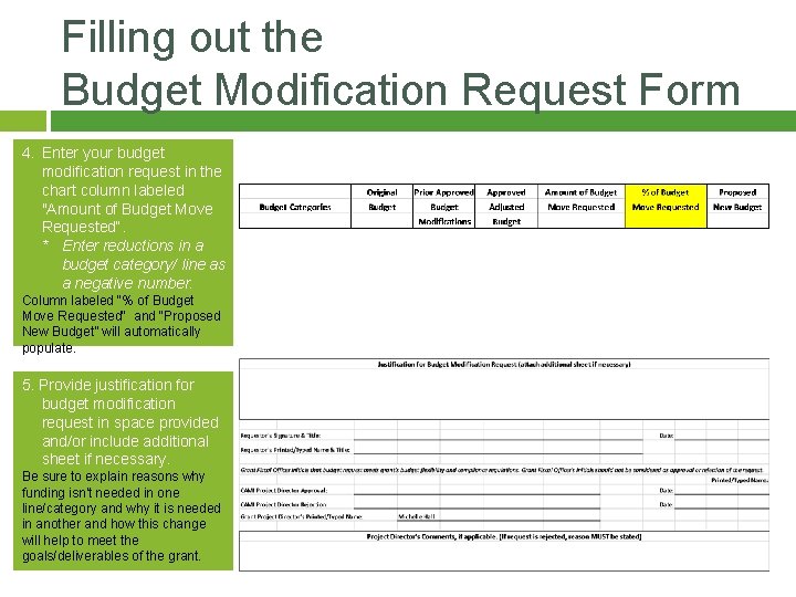 Filling out the Budget Modification Request Form 4. Enter your budget modification request in Filling out the Budget Modification Request Form 4. Enter your budget modification request in