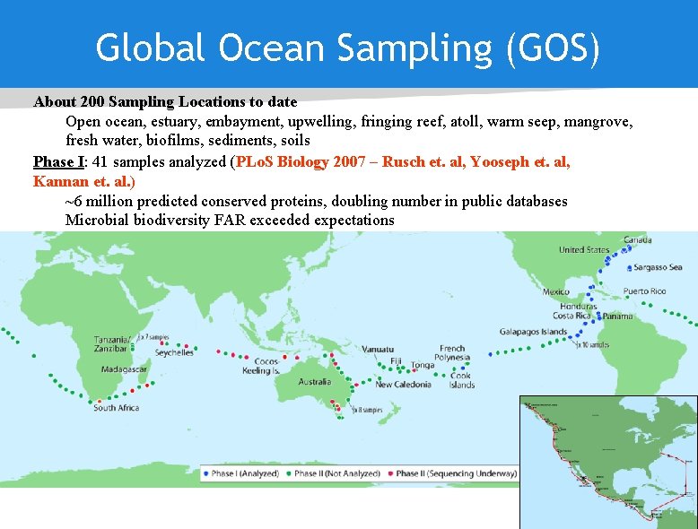 Global Ocean Sampling (GOS) About 200 Sampling Locations to date Open ocean, estuary, embayment,