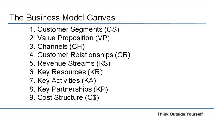 The Business Model Canvas 1. Customer Segments (CS) 2. Value Proposition (VP) 3. Channels