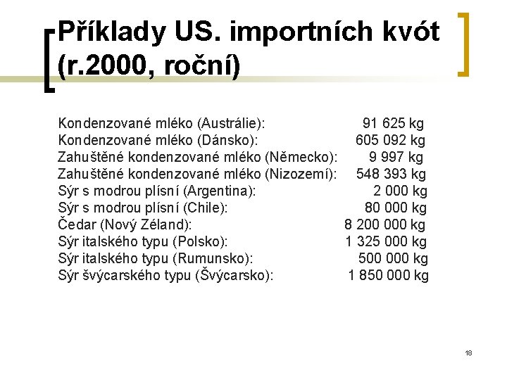 Příklady US. importních kvót (r. 2000, roční) Kondenzované mléko (Austrálie): 91 625 kg Kondenzované