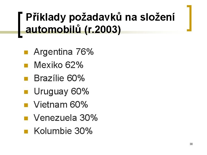 Příklady požadavků na složení automobilů (r. 2003) n n n n Argentina 76% Mexiko