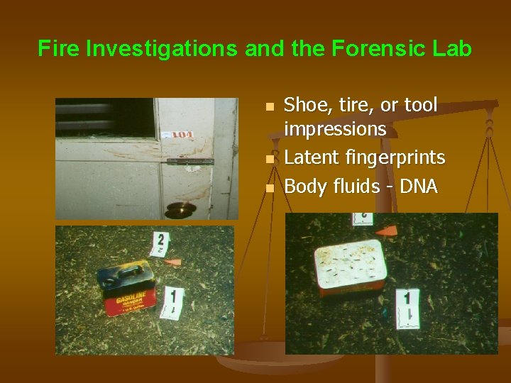 Fire Investigations and the Forensic Lab n n n Shoe, tire, or tool impressions