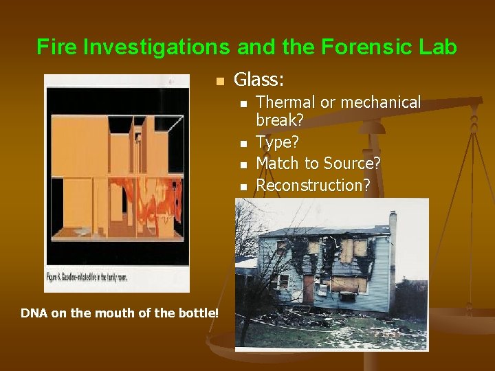Fire Investigations and the Forensic Lab n Glass: n n DNA on the mouth