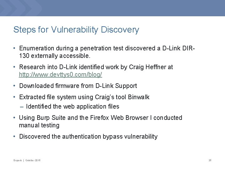 Steps for Vulnerability Discovery • Enumeration during a penetration test discovered a D-Link DIR