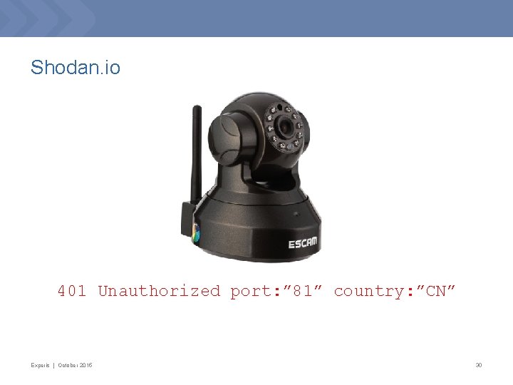 Shodan. io 401 Unauthorized port: ” 81” country: ”CN” Experis | October 2015 30