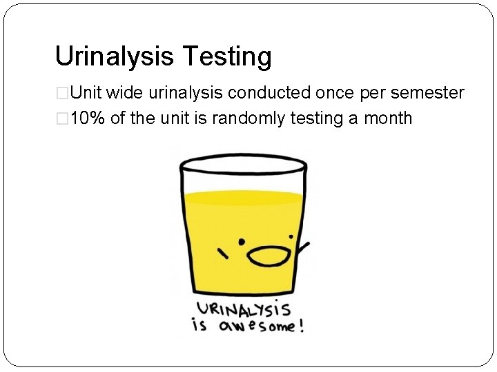 Urinalysis Testing �Unit wide urinalysis conducted once per semester � 10% of the unit