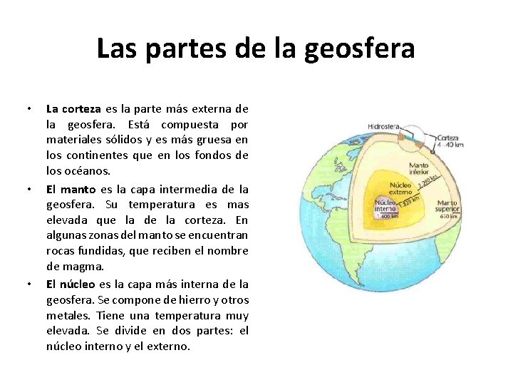 Las partes de la geosfera • • • La corteza es la parte más