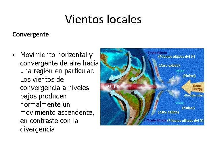 Vientos locales Convergente • Movimiento horizontal y convergente de aire hacia una región en