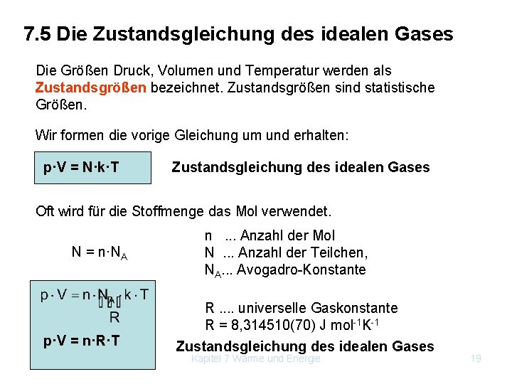 7. 5 Die Zustandsgleichung des idealen Gases Die Größen Druck, Volumen und Temperatur werden