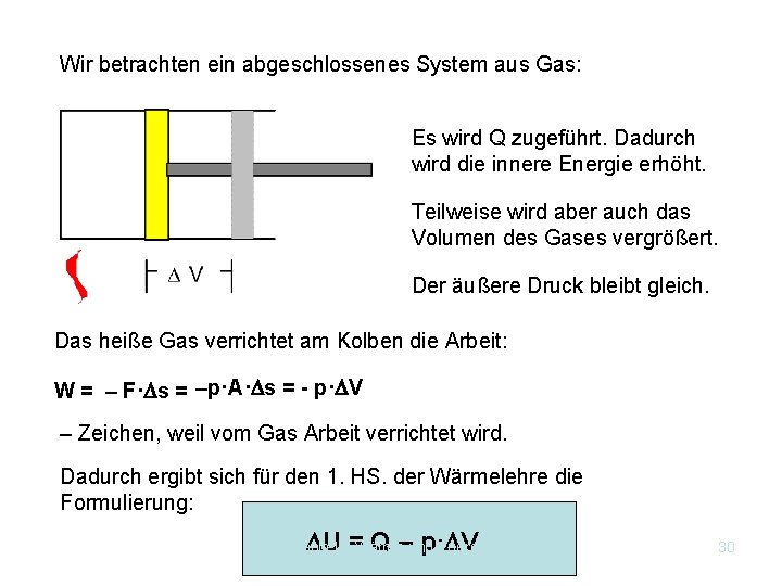 Wir betrachten ein abgeschlossenes System aus Gas: Es wird Q zugeführt. Dadurch wird die
