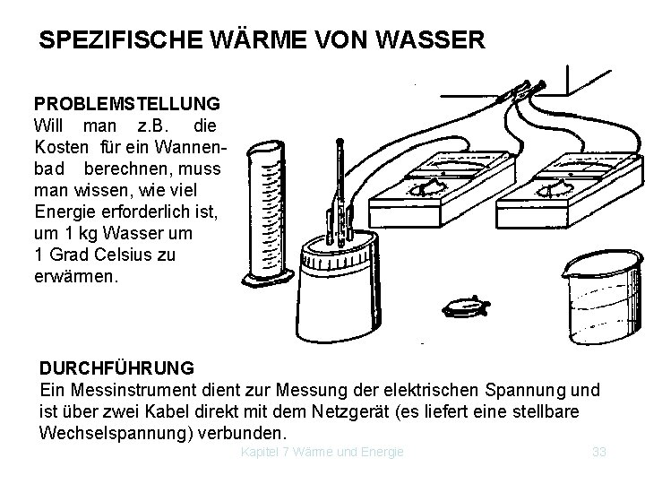 SPEZIFISCHE WÄRME VON WASSER PROBLEMSTELLUNG Will man z. B. die Kosten für ein Wannenbad