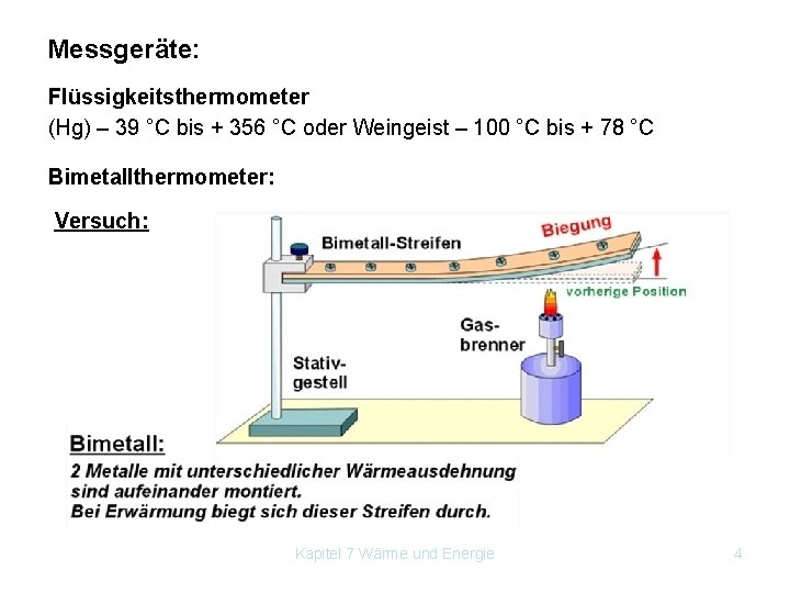 Messgeräte: Flüssigkeitsthermometer (Hg) – 39 °C bis + 356 °C oder Weingeist – 100