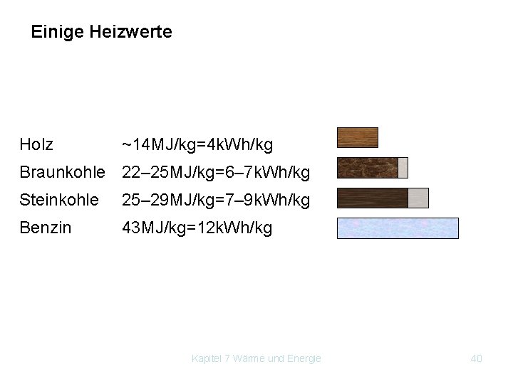 Einige Heizwerte Holz ~14 MJ/kg=4 k. Wh/kg Braunkohle 22– 25 MJ/kg=6– 7 k. Wh/kg