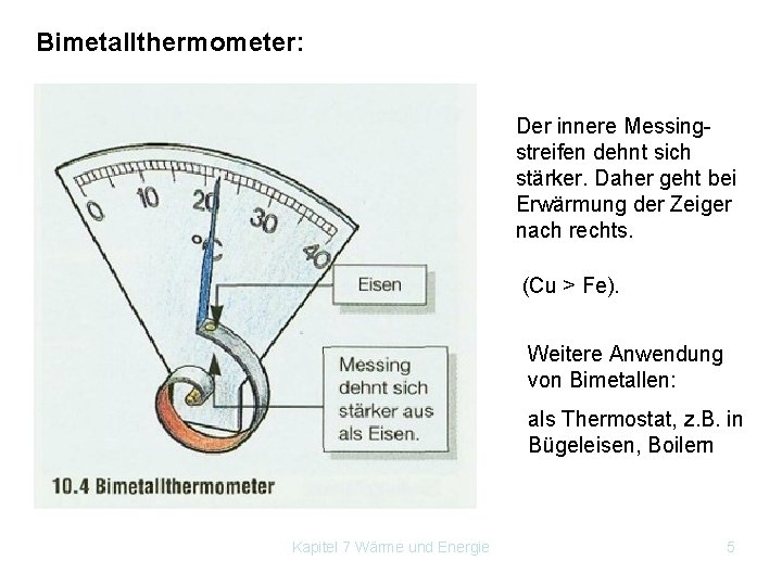 Bimetallthermometer: Der innere Messingstreifen dehnt sich stärker. Daher geht bei Erwärmung der Zeiger nach
