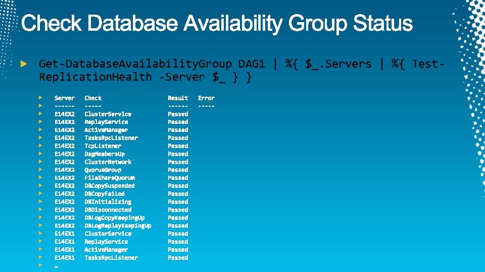 Get-Database. Availability. Group DAG 1 | %{ $_. Servers | %{ Test. Replication. Health