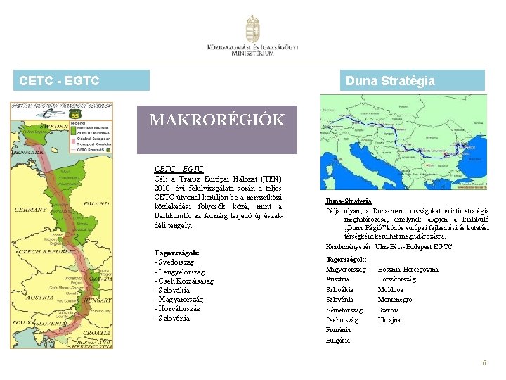 CETC - EGTC Duna Stratégia MAKRORÉGIÓK CETC – EGTC Cél: a Transz Európai Hálózat