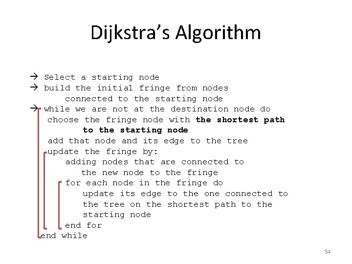 Dijkstra’s Algorithm Select a starting node build the initial fringe from nodes connected to Dijkstra’s Algorithm Select a starting node build the initial fringe from nodes connected to