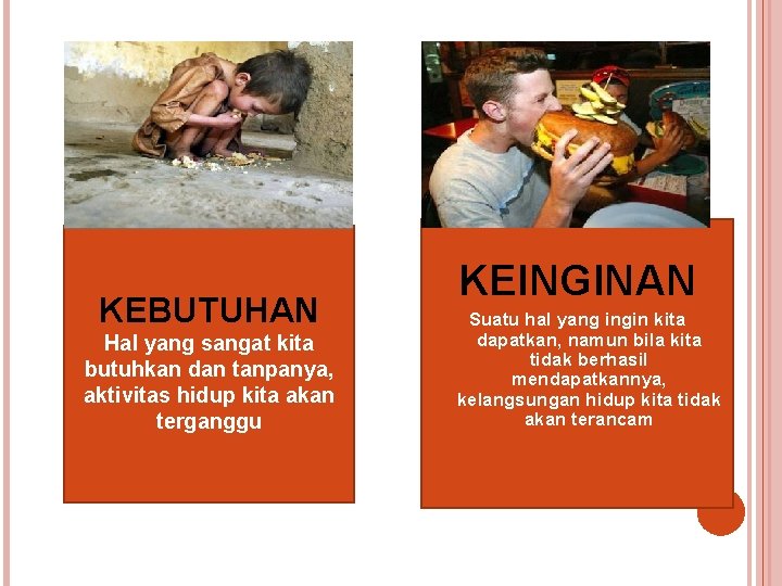 KEBUTUHAN Hal yang sangat kita butuhkan dan tanpanya, aktivitas hidup kita akan terganggu KEINGINAN