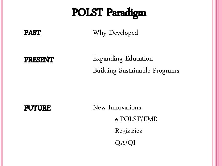 POLST Paradigm PAST Why Developed PRESENT Expanding Education Building Sustainable Programs FUTURE New Innovations