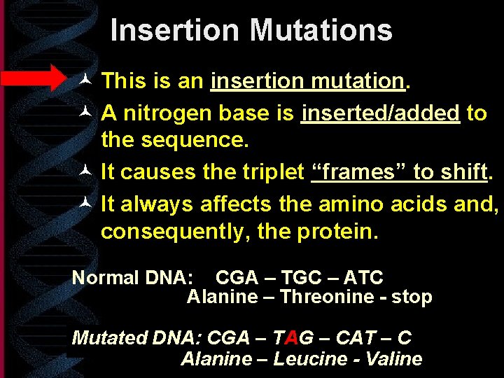 Insertion Mutations © This is an insertion mutation. © A nitrogen base is inserted/added
