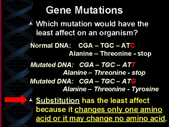 Gene Mutations © Which mutation would have the least affect on an organism? Normal
