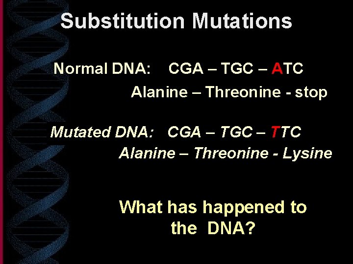 Substitution Mutations Normal DNA: CGA – TGC – ATC Alanine – Threonine - stop